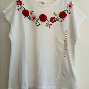 New French monoprix girl’s Floral Embroidered White T-Shirt size 12Y